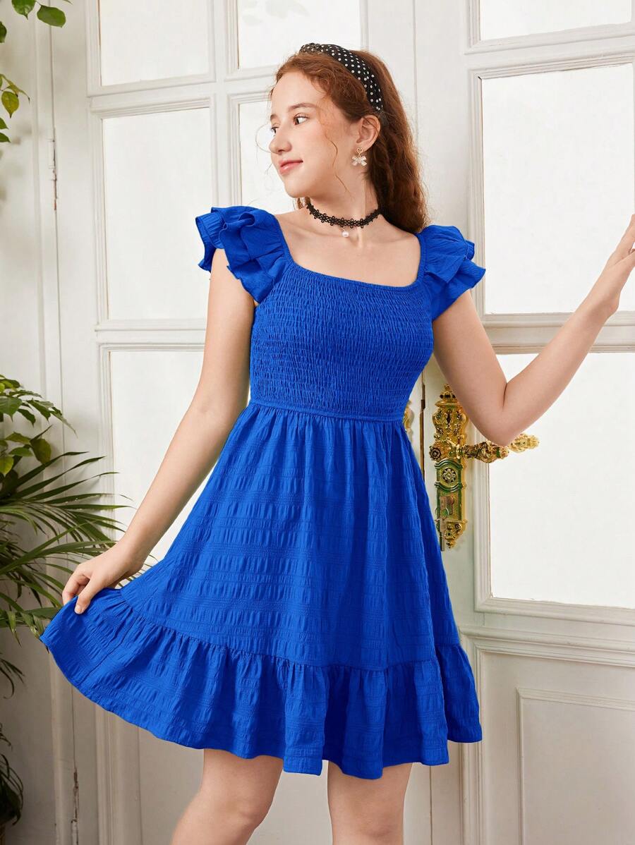 SHEIN Teen Girl Ruffle Trim Ruffle Hem Dress - Royal Blue - View 1