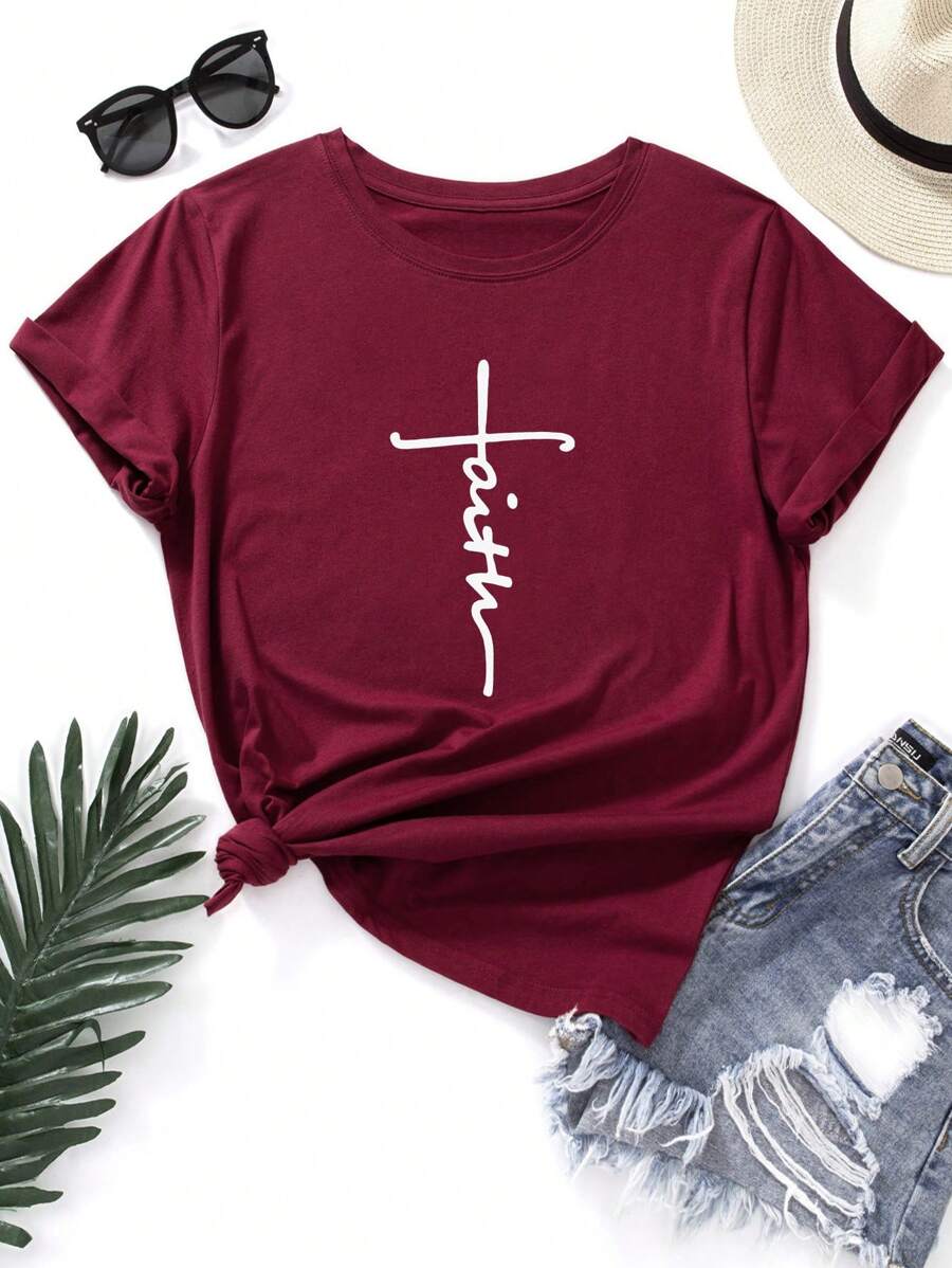 SHEIN EZwear 大碼字母圖案T恤