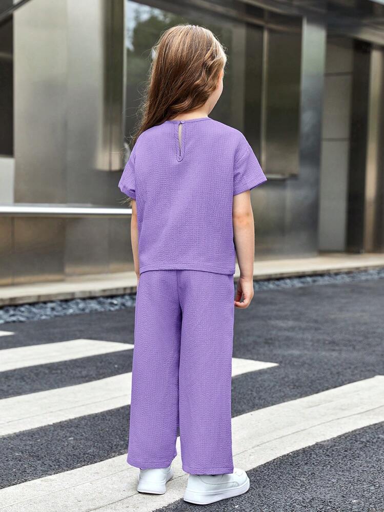 SHEIN Young Girl Letter Patched Detail Top & Trousers - Lilac Purple - View 2