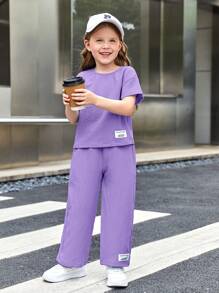 SHEIN 女小童字母補丁細節上衣和褲子 - 紫丁香色 - 查看 3