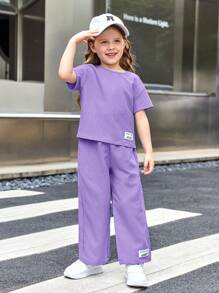 SHEIN 女小童字母補丁細節上衣和褲子 - 紫丁香色 - 查看 4