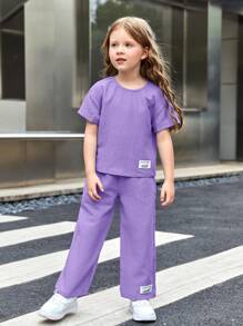 SHEIN 女小童字母補丁細節上衣和褲子 - 紫丁香色 - 查看 5