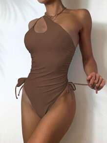 Swim Chiccia 夏季沙灘拉繩側肩單肩一件式泳裝游泳服 - 咖啡棕 - 查看 3