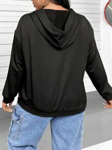 Flirla Plus Size Letter Graphic Kangaroo Pocket Drop Shoulder Sweatshirt - Black - View 2