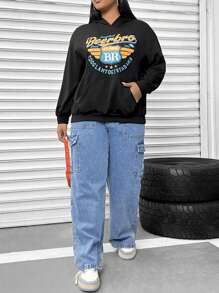 Flirla Plus Size Letter Graphic Kangaroo Pocket Drop Shoulder Sweatshirt - Black - View 3