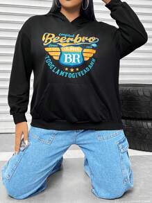 Flirla Plus Size Letter Graphic Kangaroo Pocket Drop Shoulder Sweatshirt - Black - View 5