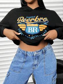 Flirla Plus Size Letter Graphic Kangaroo Pocket Drop Shoulder Sweatshirt - Black - View 1