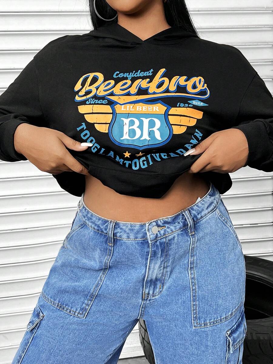 Flirla Plus Size Letter Graphic Kangaroo Pocket Drop Shoulder Sweatshirt - Black - View 1