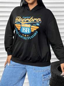 Flirla Plus Size Letter Graphic Kangaroo Pocket Drop Shoulder Sweatshirt - Black - View 6