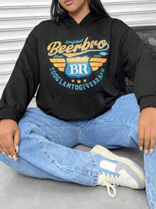 Flirla Plus Size Letter Graphic Kangaroo Pocket Drop Shoulder Sweatshirt - Black - View 7