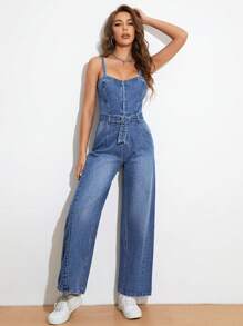 SHEIN Essnce Zip Up Belted Denim Cami Jumpsuit - Medium Wash - View 1