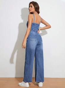 SHEIN Essnce Zip Up Belted Denim Cami Jumpsuit - Medium Wash - View 3