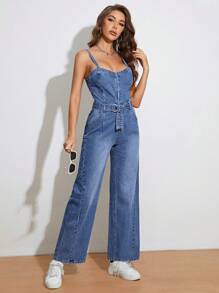 SHEIN Essnce Zip Up Belted Denim Cami Jumpsuit - Medium Wash - View 5