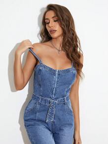 SHEIN Essnce Zip Up Belted Denim Cami Jumpsuit - Medium Wash - View 2