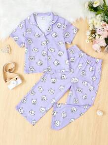 SHEIN Young Girl Cartoon Graphic PJ Set - Purple - View 1