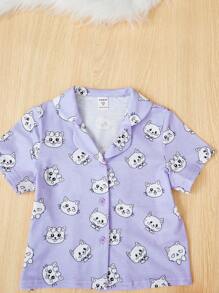 SHEIN Young Girl Cartoon Graphic PJ Set - Purple - View 4