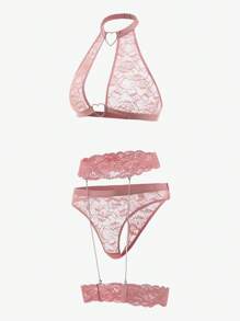 5pack Floral Lace Heart Ring Linked Lingerie Set - Dusty Pink - View 3