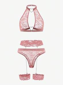 5pack Floral Lace Heart Ring Linked Lingerie Set - Dusty Pink - View 2