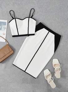 SHEIN Essnce 優雅女士夏季色塊細肩帶修身筆裙套裝 - 白色 - 查看 1