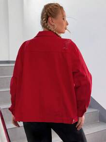 SHEIN EZwear Plus Flap Pocket Ripped Denim Jacket - Red - View 2