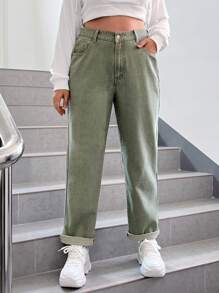 SHEIN EZwear 大碼高腰直筒牛仔褲 - 軍綠色 - 查看 1