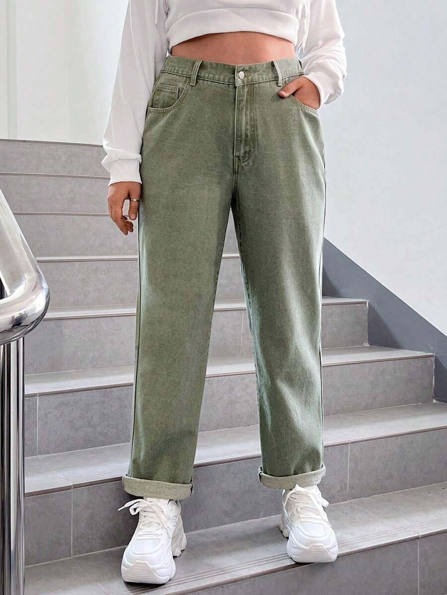 SHEIN EZwear 大碼高腰直筒牛仔褲 - 軍綠色 - 查看 1