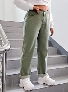 SHEIN EZwear 大碼高腰直筒牛仔褲 - 軍綠色 - 查看 3