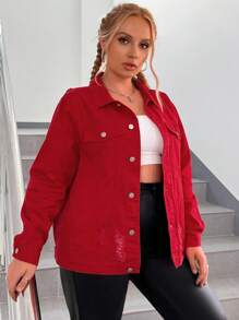 SHEIN EZwear Plus Flap Pocket Ripped Denim Jacket - Red - View 3