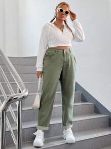 SHEIN EZwear 大碼高腰直筒牛仔褲 - 軍綠色 - 查看 4