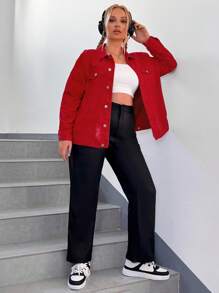 SHEIN EZwear Plus Flap Pocket Ripped Denim Jacket - Red - View 4