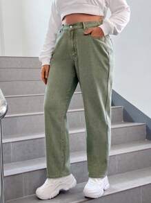 SHEIN EZwear 大碼高腰直筒牛仔褲 - 軍綠色 - 查看 5