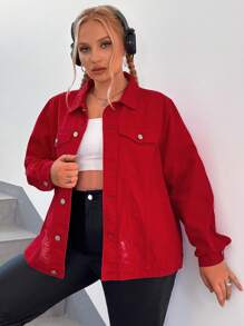 SHEIN EZwear Plus Flap Pocket Ripped Denim Jacket - Red - View 5