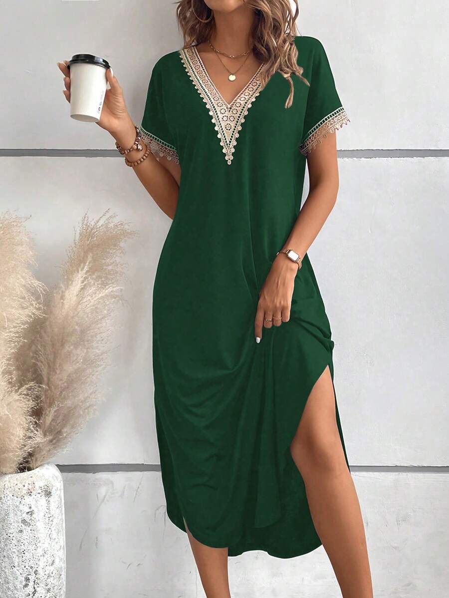 SHEIN LUNE Guipure Ren tương phản Tách đùi Đầm - màu xanh lá - Xem 1