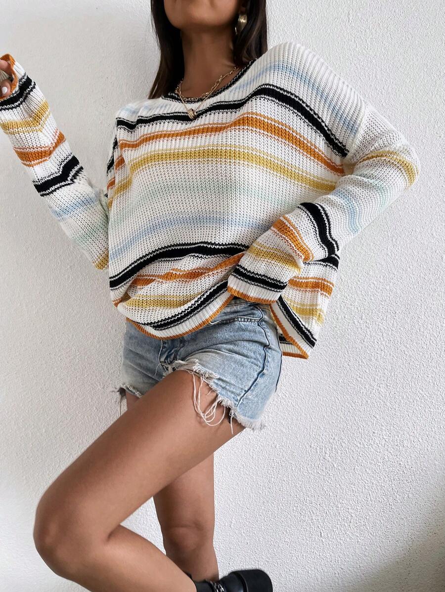 SHEIN Essnce Striped Pattern Drop Shoulder Knit Pullover Fall Winter Sweater - Multicolor - View 1