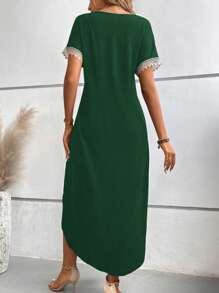 SHEIN LUNE Guipure Ren tương phản Tách đùi Đầm - màu xanh lá - Xem 2