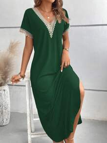 SHEIN LUNE Guipure Ren tương phản Tách đùi Đầm - màu xanh lá - Xem 3