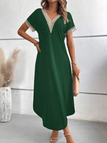 SHEIN LUNE Guipure Ren tương phản Tách đùi Đầm - màu xanh lá - Xem 4