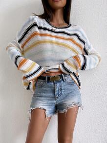 SHEIN Essnce Striped Pattern Drop Shoulder Knit Pullover Fall Winter Sweater - Multicolor - View 4