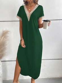 SHEIN LUNE Guipure Ren tương phản Tách đùi Đầm - màu xanh lá - Xem 6