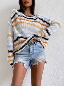 SHEIN Essnce Striped Pattern Drop Shoulder Knit Pullover Fall Winter Sweater - Multicolor - View 5