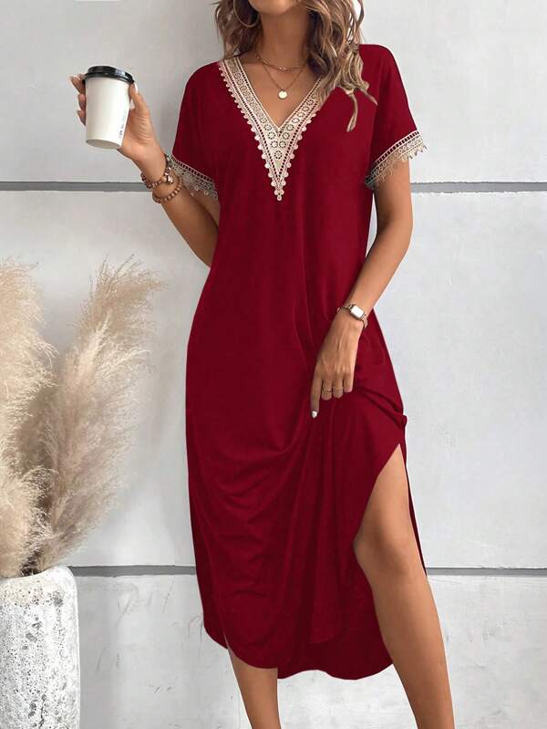 EMERY ROSE Contrast Lace Split Thigh Tee Dress For New Year Clothes Maxi Women Outfit