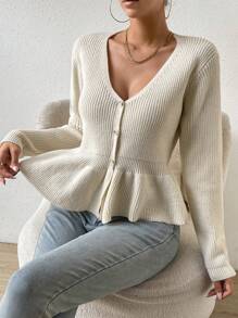 SHEIN Frenchy Ribbed Knit Peplum Hem Cardigan - White - View 1