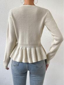 SHEIN Frenchy Ribbed Knit Peplum Hem Cardigan - White - View 2