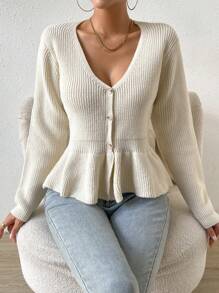 SHEIN Frenchy Ribbed Knit Peplum Hem Cardigan - White - View 3