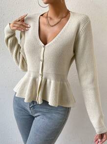 SHEIN Frenchy Ribbed Knit Peplum Hem Cardigan - White - View 4