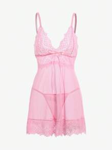 Vestido de lencería sexy tipo "babydoll" con panel de encaje y lazo delantero, y tanga a juego