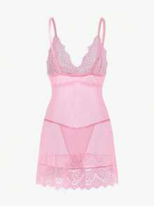 Vestido de lencería sexy tipo "babydoll" con panel de encaje y lazo delantero, y tanga a juego