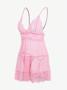 Vestido de lencería sexy tipo "babydoll" con panel de encaje y lazo delantero, y tanga a juego