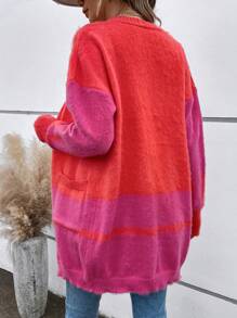 SHEIN LUNE 雙色落肩袖開襟開衫 - 紅色 - 查看 2