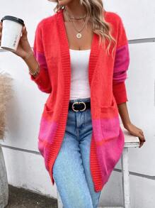 SHEIN LUNE 雙色落肩袖開襟開衫 - 紅色 - 查看 6